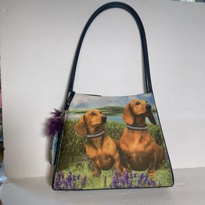 Dachshund Dog Purse Tote Bag Faux Leather Bling Collar Print w/ Charm 12x9.5